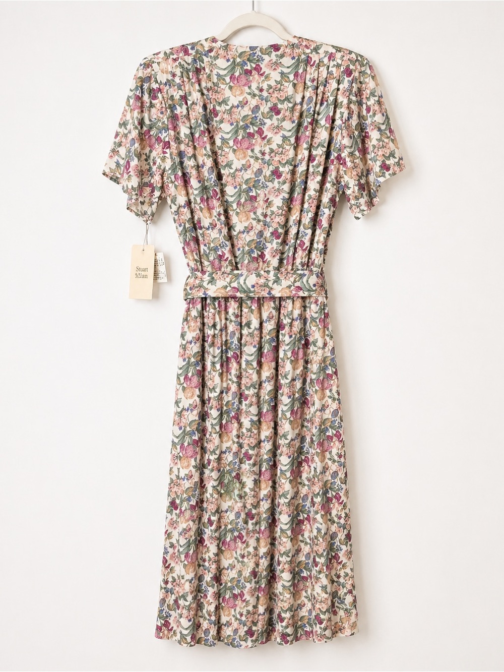 Vintage Deadstock Stuart Alan Floral Midi Dress Pleated Belted Made USA Size 16 - Picture 5 of 8